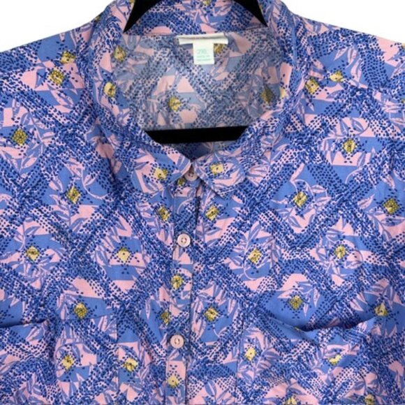 LuLaRoe Amy Women’s 2XL Button Up Rayon Shirt Artsy Geometric Purple Pink Yellow - Picture 1 of 6